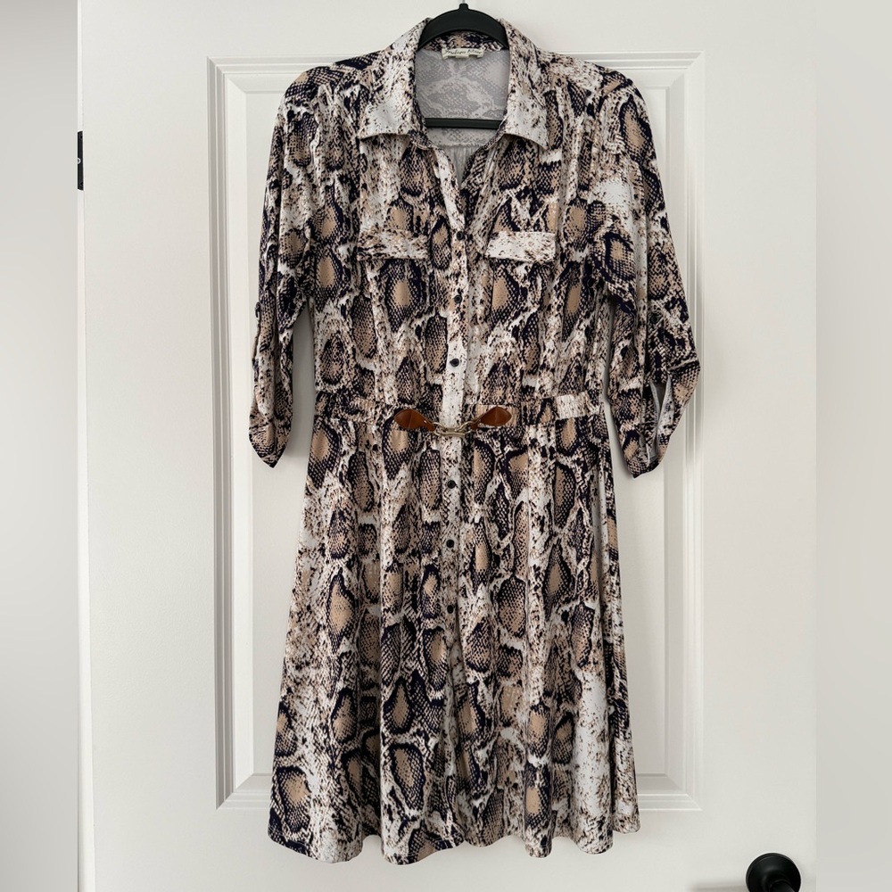 Snake-Print Midi Shirt Dress with Waist Tie - Beige & Black